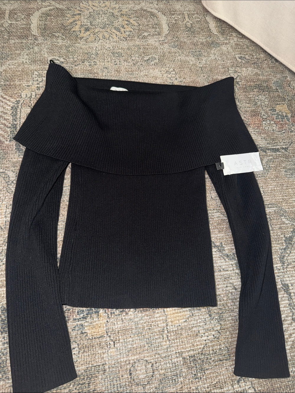 Astr Black Off-Shoulder Foldover Ribbed Sweater
